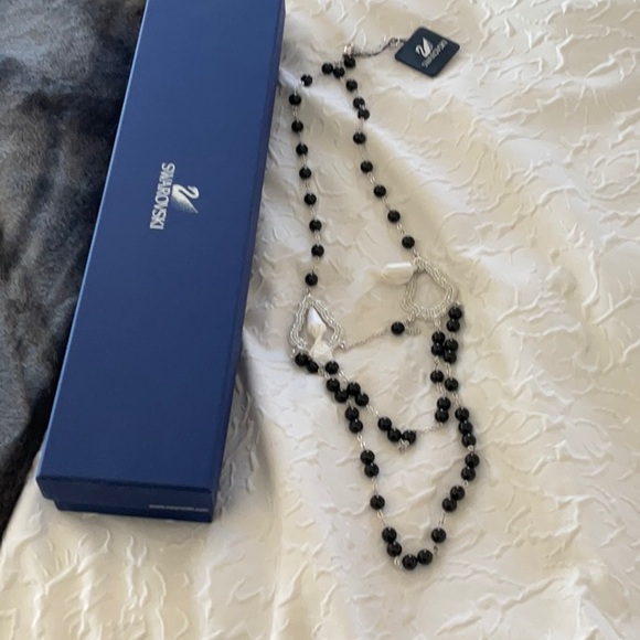 NEW stunning long Swarovski necklace black beads silver and crystal accents